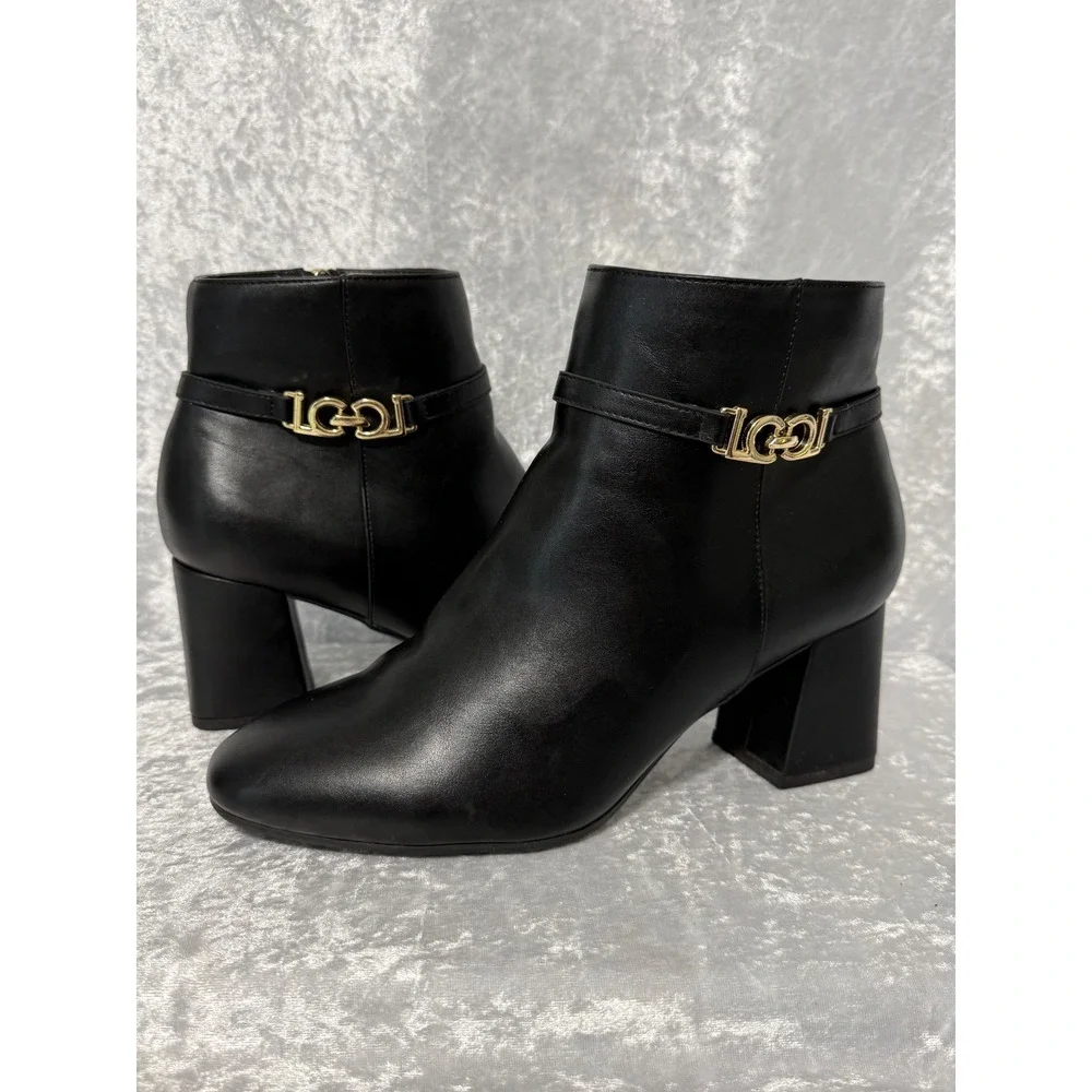 Liz Claiborne Monte Black Faux Leather Gold Hardware Block Heel‎ Ankle Boots 8W